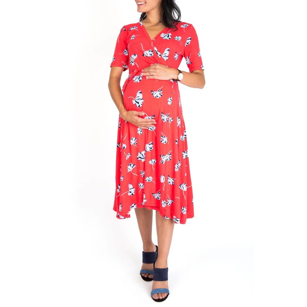 Nom Maternity Maya Maternity/Nursing Wrap Dress in Red Floral Size Large